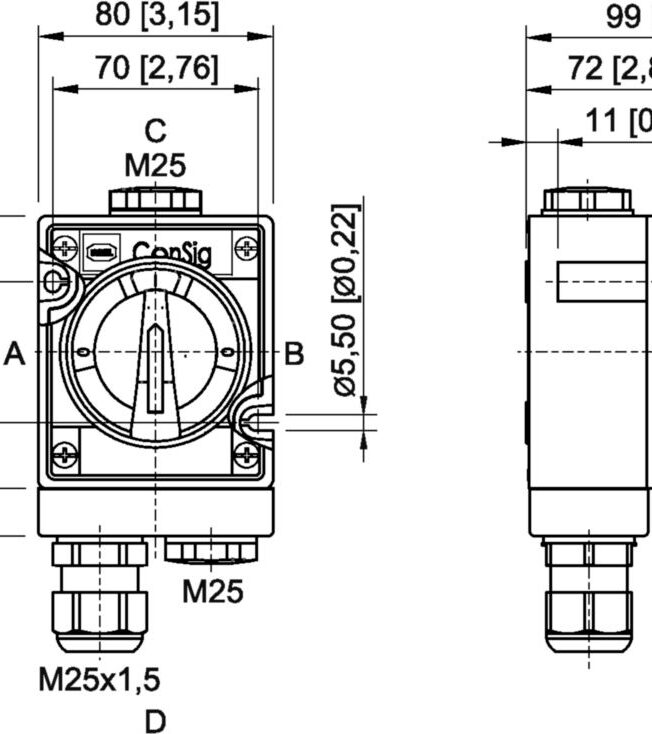 Installation switch Off switch, 690 V, Polyester resin, Number of poles: 2, Stopping plugs: 2 x M25 x 1.5, Cable glands and entries: 1 x M25 Ø 7 ... 17 mm, Sealing material: Silicone, Zone 1/2/21/22